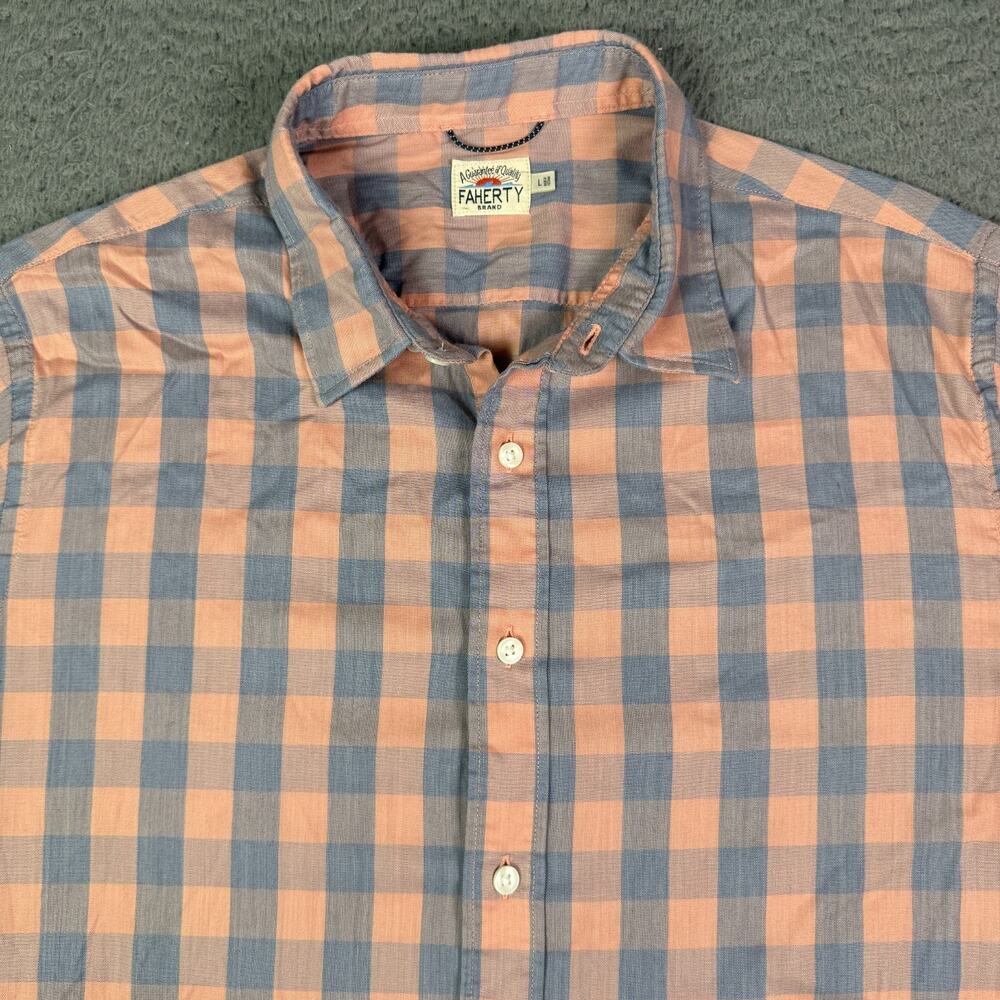 Faherty Shirt Mens L Blue Peach Gingham Plaid Short Sleeve Button Down MWS2136